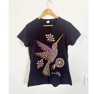 Black Tee with Vibrant HummingBird Design NWOT